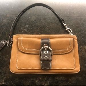 Large Coach Tan & Brown Leather Wristlet with Silver Buckle